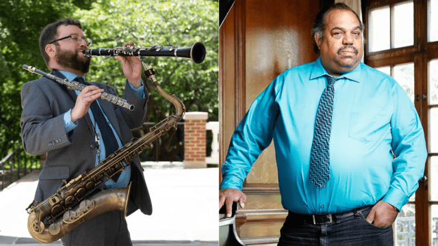 Two photos side-by-side: the first is a man with short brown hair, glasses and a beard. He is playing a clarinet while holding a flute in his other hand. The second photo is a serious-looking man with a mustache, wearing a turquoise button-down shirt with a navy tie. He is looking at the camera with one hand in his pants pocket.