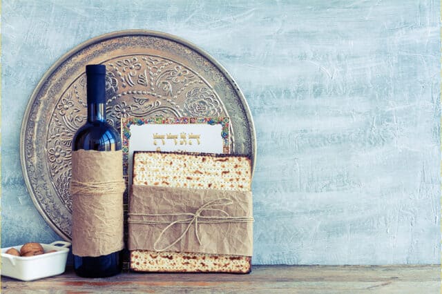 Image of Passover Seder plate, matzoh, and wine